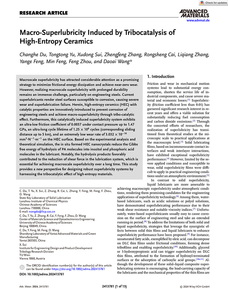 1735201449228625.png Macro‐Superlubricity Induced by Tribocatalysis of High‐Entropy Ceramics-1.png